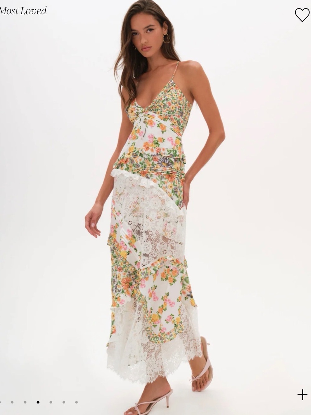 For Love & Lemons white floral lace maxi dress with yellow, pink&green accents